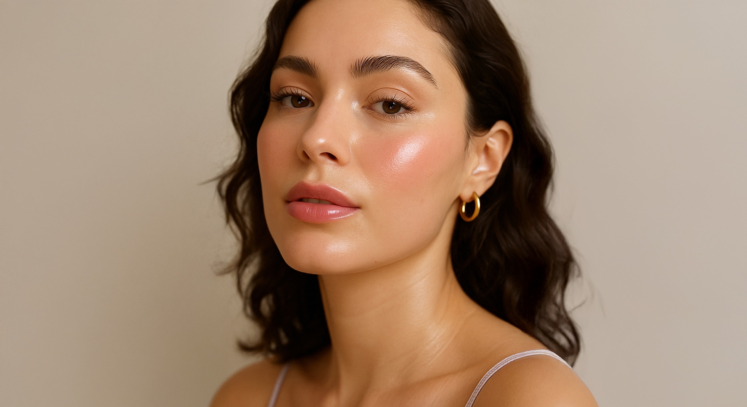 Woman with radiant skin and curly hair.